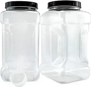 Cornucopia Square Gallon Size Clear Plastic Canisters (2-Pack); 4-Quart Jar Grip Containers w/ Plastic Scoops; BPA-Free