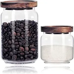 Vensp Clear Borosilicate Glass Storage Jars with Airtight Wooden Lids,Set of 2-19/29oz,Glass Kitchen Storage Jar Canisters, Sealed Jars For Sugar Salt,Glass Loose Tea Storage Holder Container