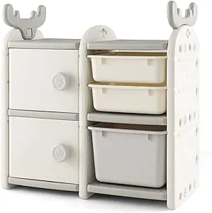 Costzon Kids Toy Storage Organizer with Bins, Multipurpose Bookshelf and Toy Chest with Antler Top