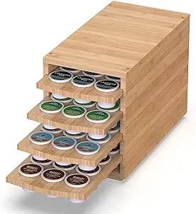 Well Weng Coffee Pod Drawer (KK472) - Premium Bamboo, Compatible with K-Cups, 72 Pod Pack Capacity Rack, 4-Tier Holder & Storage, Kitchen Counter