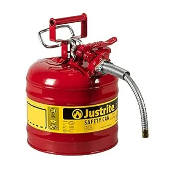 Justrite 2 Gallon Type II Red Safety Gas Can for Gasoline with Flame Arrester, Self-Closing Lid, and 5/8" Flexible Metal Spout, Made in the USA, Galvanized Steel Flammable Storage Can, 7220120