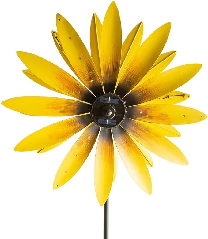 Plow & Hearth Solar Sunflower Wind Spinner, Integrated Solar Panel and LED Lights, Kinetic Sculpture Looks Great Day Or Night, Durable Metal Construction, 24¼" dia. x 10¼"D x 75" H