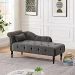 Tufted Upholstered Velvet Rolled Arm Chaise Lounges Indoor Chair, Right Arm Facing Chaise Lounge with Nailhead Trim and 1 Pillow,for Living Room Bedroom Office (Grey)