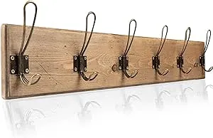 Wall Mounted Coat Rack - Rustic Wooden 6 Hook Coat Hanger Rail, Distressed Wood