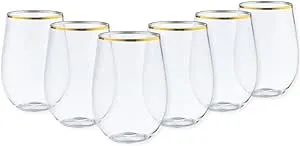 Gold Rim Stemless Plastic Wine Glasses Goblet 16 oz 6 Pieces