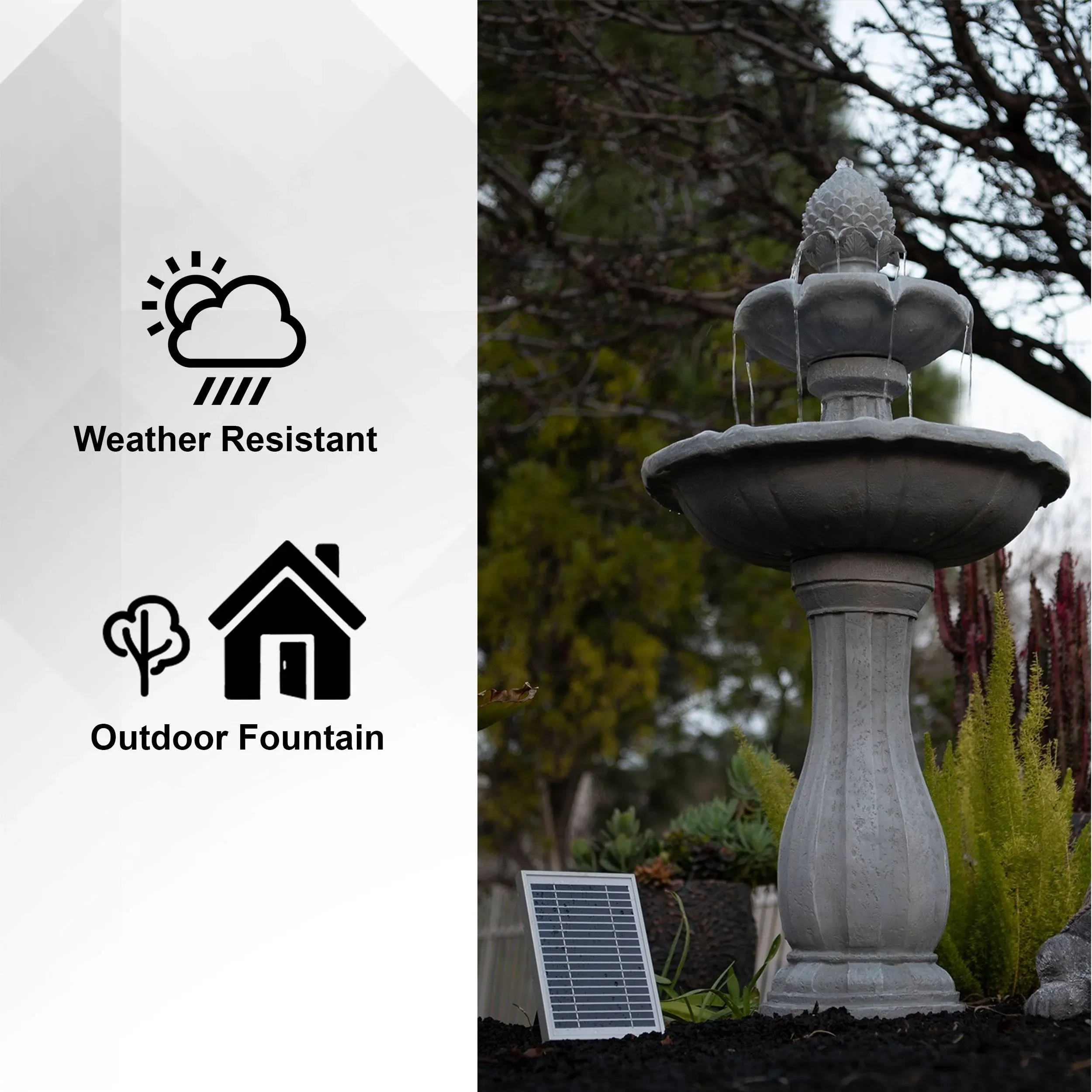 XBrand 44" H Fiberglass/Resin 2-Tier Solar Water Fountain w/ Solar Panel and Auto-Shut Off Pump, Solar Garden Fountain - White