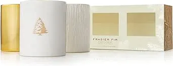 Thymes Frasier Fir Gilded Votive Candles - Scented Candles with a Crisp Just-Cut Forest Fragrance - Set of Three Ceramic Holiday Candles - Wood Grain, Gold, and White Candles (3 oz Each, Pack of 3)