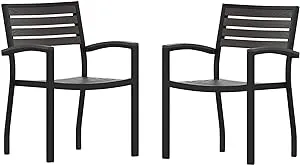 Flash Furniture Lark Set of 2 Stackable Aluminum Patio Chairs - All-Weather Black Framed Side Chairs with Gray Wash Faux Teak Slats - Commercial Grade