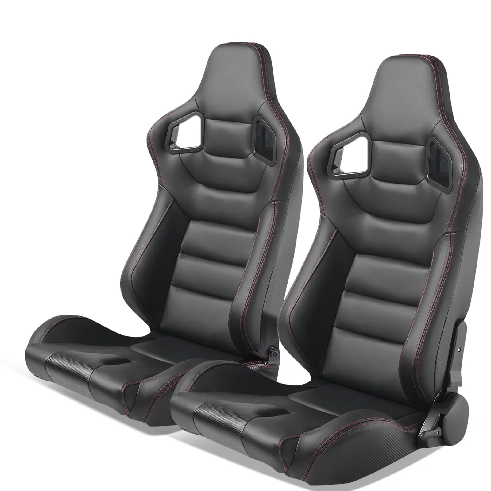 Reclinable Racing Seat + Dual Slider Pair LH RH Black PU &amp; Carbon Leather Back