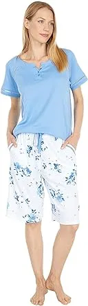 Karen Neuburger womens Short Sleeve Top and Bermuda Short Set, Regular Plus Size Pajama Set, Sky Blue/Forget-me-not Floral, Large