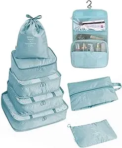 8Pcs Set Packing Cubes for Suitcases, Travel Luggage Organizer Storage Bags Suitcase Packing Cases (Light Blue+Upgraded Toiletry Bag)