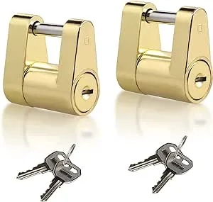 CZC AUTO Trailer Lock Dia 1/4 Inch, Coupler Lock 3/4 Inch Span Trailer Hitch Lock with Keys Trailer Coupler Lock for Tow Boat RV Truck Car's Coupler (2 Pack, Brass)