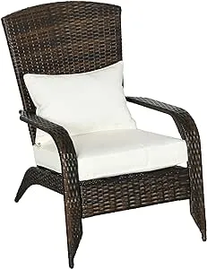 Outsunny Patio Wicker Adirondack Chair, Outdoor All-Weather Rattan Fire Pit Chair w/Soft Cushions, Tall Curved Backrest and Comfortable Armrests for Deck or Garden, Cream White