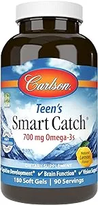 Carlson - Teen's Smart Catch, 700 mg Omega-3s, Cognitive Development, Brain Function & Vision Support, Lemon, 180 Softgels