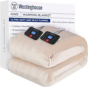 Westinghouse Electric Blanket King Size, Super Cozy Soft Flannel 100" x 90" Heated Blanket with 10 Fast Heating Levels & 1-12 Auto-Off, Machine Washable, ETL&FCC Certification, Beige