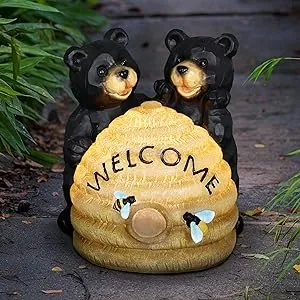 Exhart Solar Bears Statue, w/LED Welcome Bee Hive, Durable Resin, Cute Garden Décor, 8”x7.5”x8”