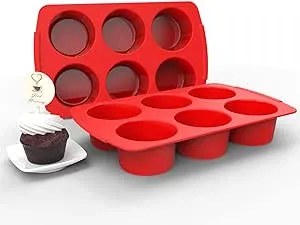 Jumbo Muffin Pan Silicone, European LFGB Cupcake Pan 6 Cups, Non-Stick Deep Cupcake Baking Pan, Silicone Large Muffin Molds, Muffin Tins BPA Free, Set of 2 Red