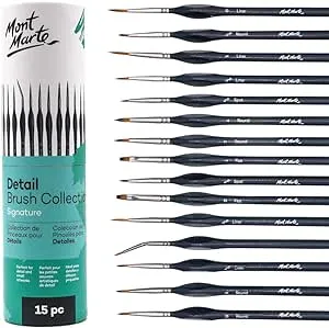 Mont Marte Signature Detail Brush Collection, 15 Piece, Taklon Bristles, Suitable for Acrylic, Oil, Watercolor and Gouache Paints, Includes Storage Bag