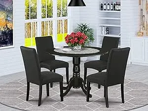 East West Furniture DLDR5-BLK-24 5 Piece Modern Dining Table Set Includes a Round Wooden Table with Dropleaf and 4 Black Color Linen Fabric Upholstered Chairs, 42x42 Inch, Black