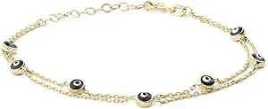 GELIN Evil Eye Station Bracelet in 14K Solid Gold | 14k Gold Double Chain Bracelet for Women, Adjustable 6" to 7"