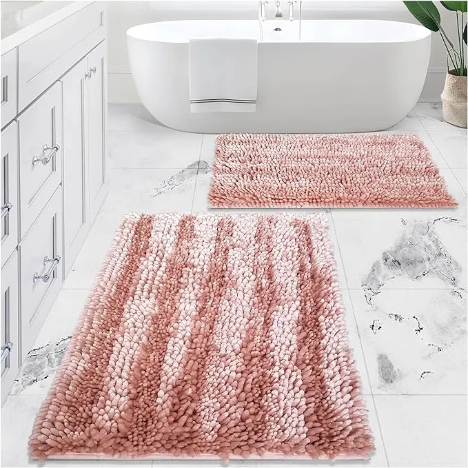 Civkor Bathroom Rugs Mats Set 2 Piece Pink Butter Chenille, Cute Bath Mat Rug Shiny Noodle with Non Slip Backing, Super Water Absorbent Machine Washable 31x20 and 24x16 Inch