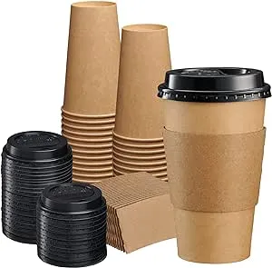 Gusto [50 Sets 16 oz. Disposable Kraft Coffee Cups with Black Lids, Sleeves - to Go Paper Hot Cups