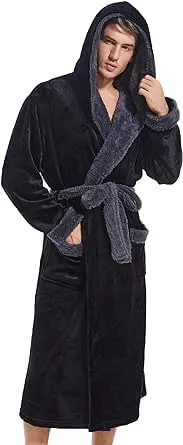 Inner Wish Mens Hooded Robe, Plush Long Bath Robes Cozy Warm Bathrobe Fuzzy male Spa Robe with Pockets