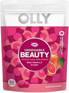 OLLY Undeniable Beauty Gummy, For Hair, Skin, Nails, Biotin, Vitamin C, Keratin, Chewable Supplement, Grapefruit, 30 Day Supply - 60 Count