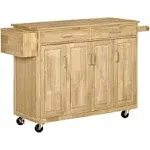 Homcom Kitchen Island On Wheels, Natural Hardwood Kitchen Cart with Drawers, Storage Cabinets, and Tool Caddy, Microwave Cart for Dining Room, 54