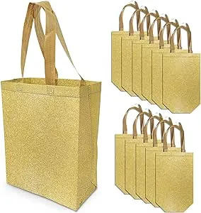 OccasionALL Gold Gift Bags 10x5x13 12 Pack Large Gift Bags with Handles, Reusable Christmas Wrapping Bags, Holidays, Seasonal, Gift Shopping, Bulk