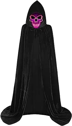 Halloween Scary Costume Adult Velvet Hooded Cloak with Led Light Up Mask Vampire Grim Reaper Robe Cape Cosplay