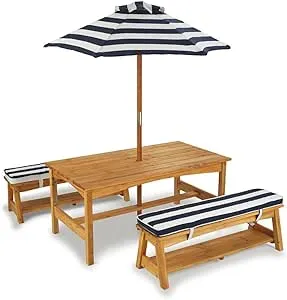 KidKraft Outdoor Wooden Table & Bench Set with Cushions and Umbrella, Kids Backyard Furniture, Navy and White Stripe Fabric