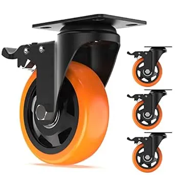 4 inch Swivel Caster Wheels with Safety Total Lock, Total Capacity 1200lbs, 360 Degree Heavy Duty Plate Casters (Pack of 4,Orange)