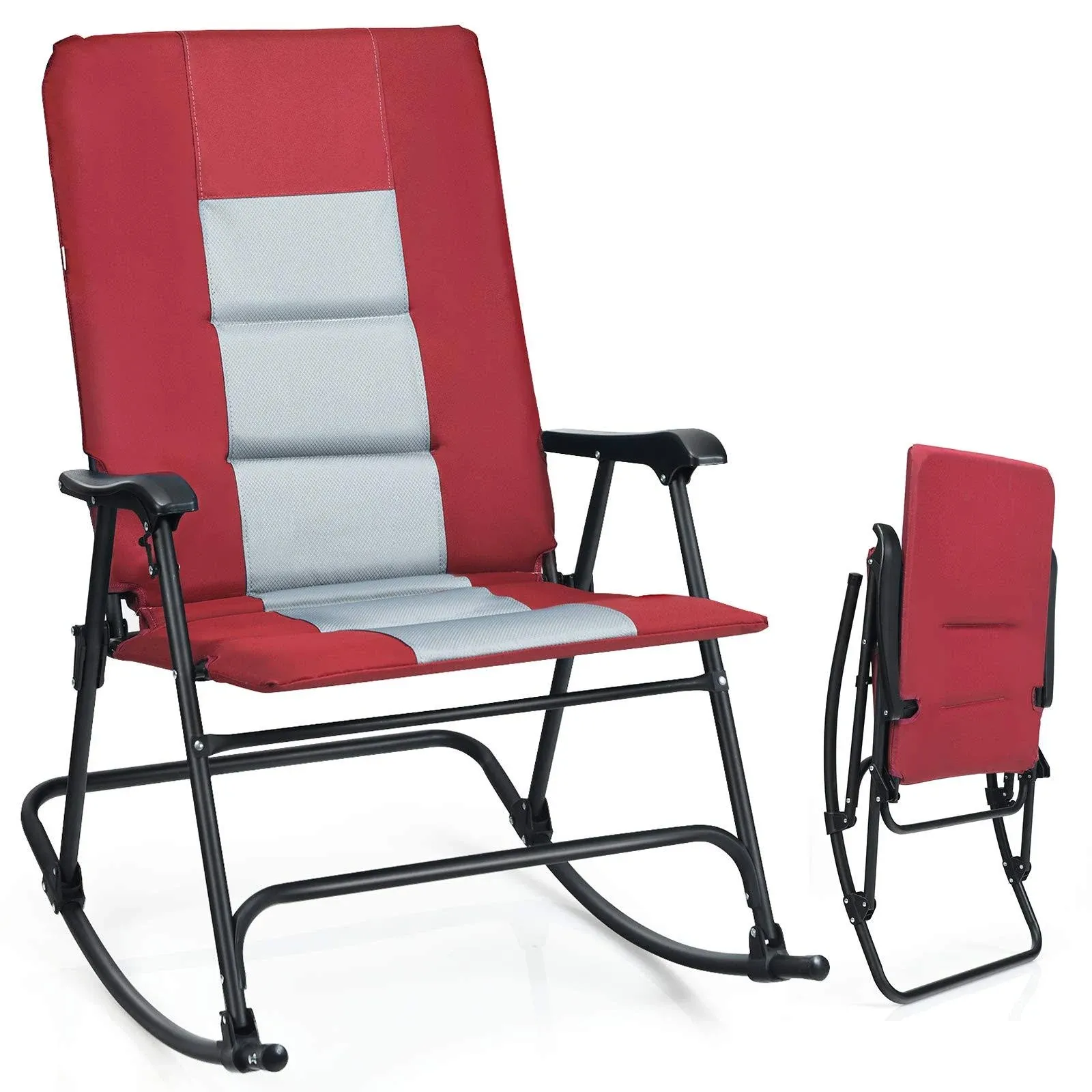 Giantex Camping Rocking Chair Foldable Oversized with Padded Armrest and Seat Folding Lawn Chair 350 lbs Weight Capacity for Outdoor, Patio, Lawn, Backyard, Garden Portable Chair (1, Red)