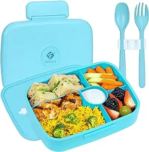 Fenrici Bento Box Lunch Box For Kids and Teens, Made with Wheat Straw, 5 Leakproof Compartments, BPA-Free Bento Box, Microwave and Dishwasher Safe, Pastel Blue, Blue