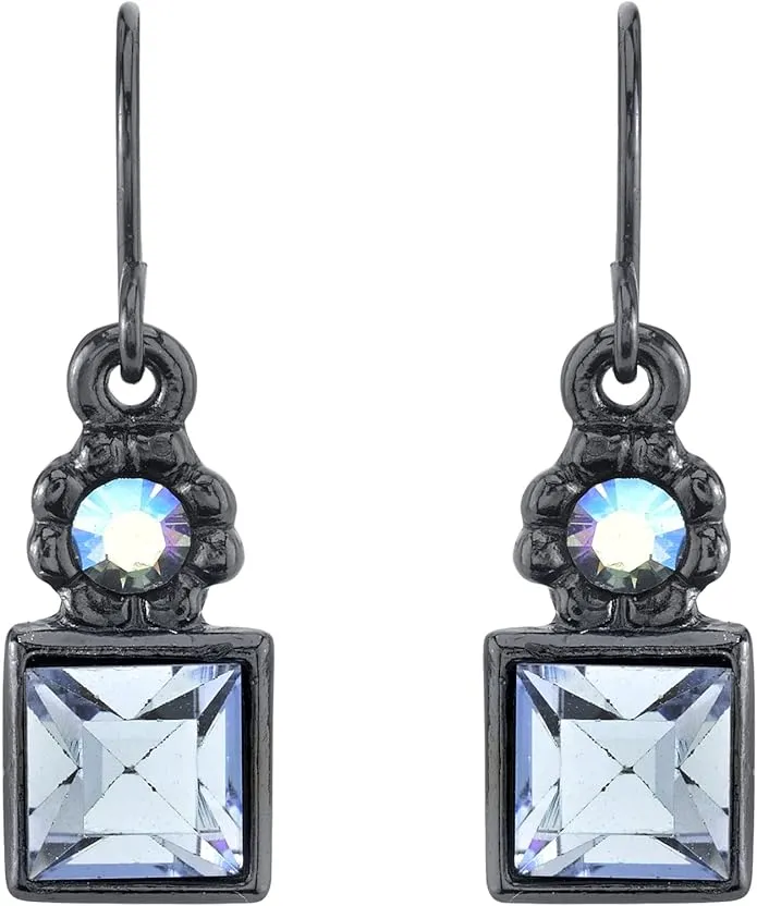 1928 Jewelry Round AB Crystal & Sapphire Blue Square Drop Earrings