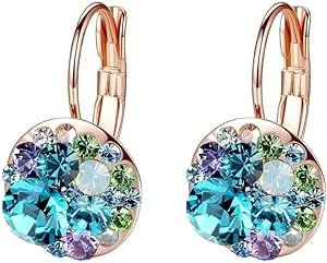 Multicolored Austrian Crystal Leverback Earrings for Women 14K Gold Plated Dangle Hoop Earrings Hypoallergenic Jewelry