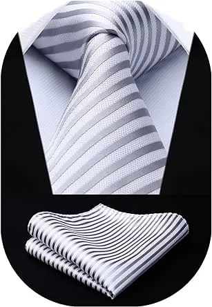 HISDERN Stripe Tie Mens Ties with Pocket Square Set Classic 3.4'' Silk Formal Necktie Handkerchief for Business Wedding