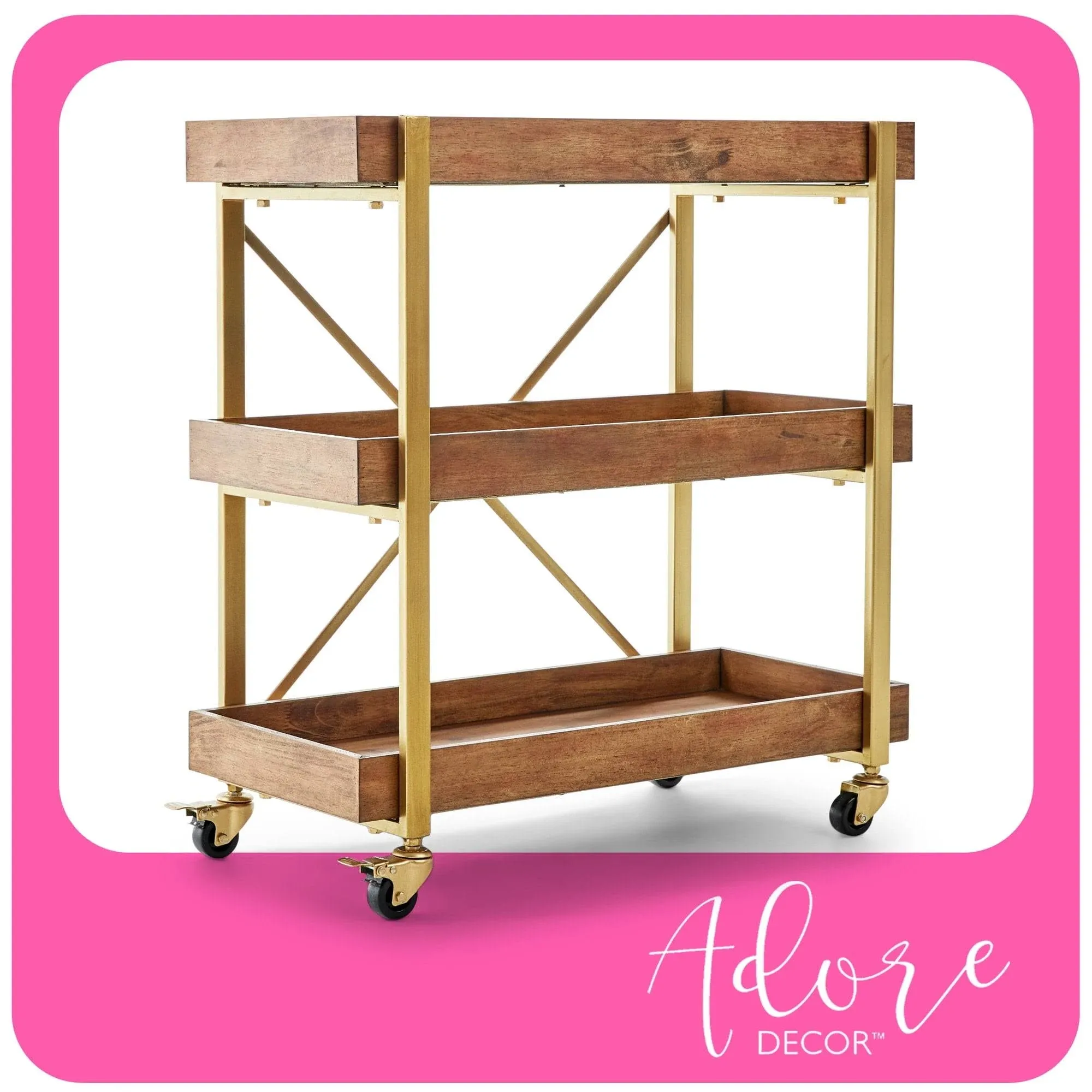 Adore Decor Riley Wooden Kitchen Bar Cart Gold