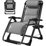 Folding Zero Gravity Metal Frame Recliner Outdoor Lounge Chair with Side Tray, Adjustable Headrest, Gray Cushion