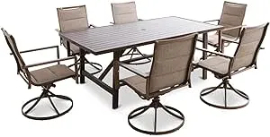 Mod Furniture Atlas 7-Piece Outdoor Dining Set with 6 Swivel Padded Sling Chairs and Trestle Style Table, Modern Patio Dining Set for 6