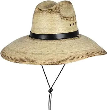 Mexican Palm Leaf Straw Lifeguard Sun Hat w/Chin Strap & Vented Crown