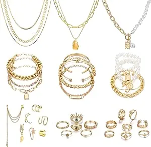 IFKM 36 Pcs Gold Plated Jewelry Set with 4 Pcs Necklace, 11 Pcs Bracelet, 7 Pcs Ear Cuffs Earring, 14 Pcs Knuckle Rings for Women Girls Valentine