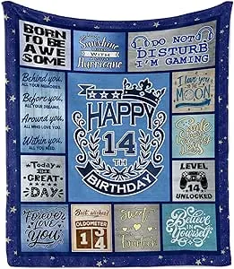 14 Year Old Boy Birthday Gift Ideas Throw Blanket 50”x60”, Gifts For 14 Year Old Boys, 14th Birthday Gifts for Girls Boys, Birthday Gifts for 14 Year Old Boy, 14th Birthday Decorations for Boy