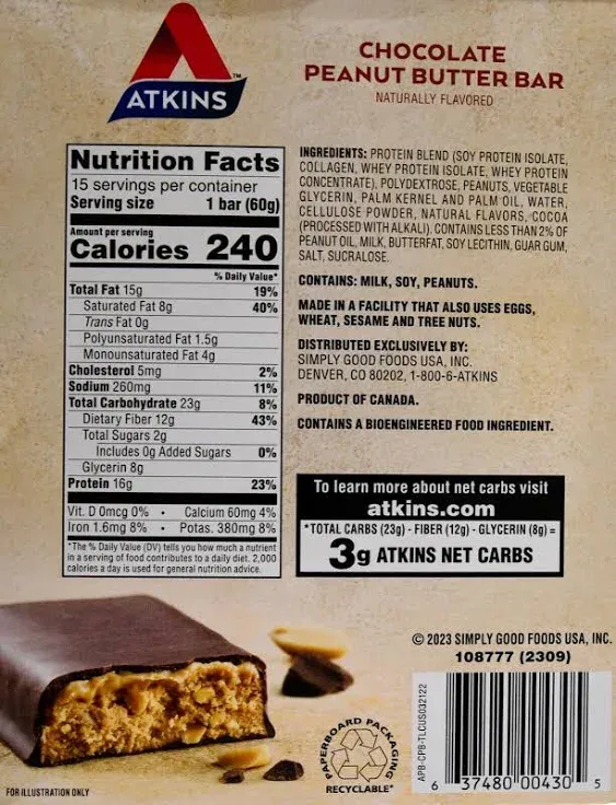 Atkins Chocolate Peanut Butter Protein Meal Bars, 15 Count