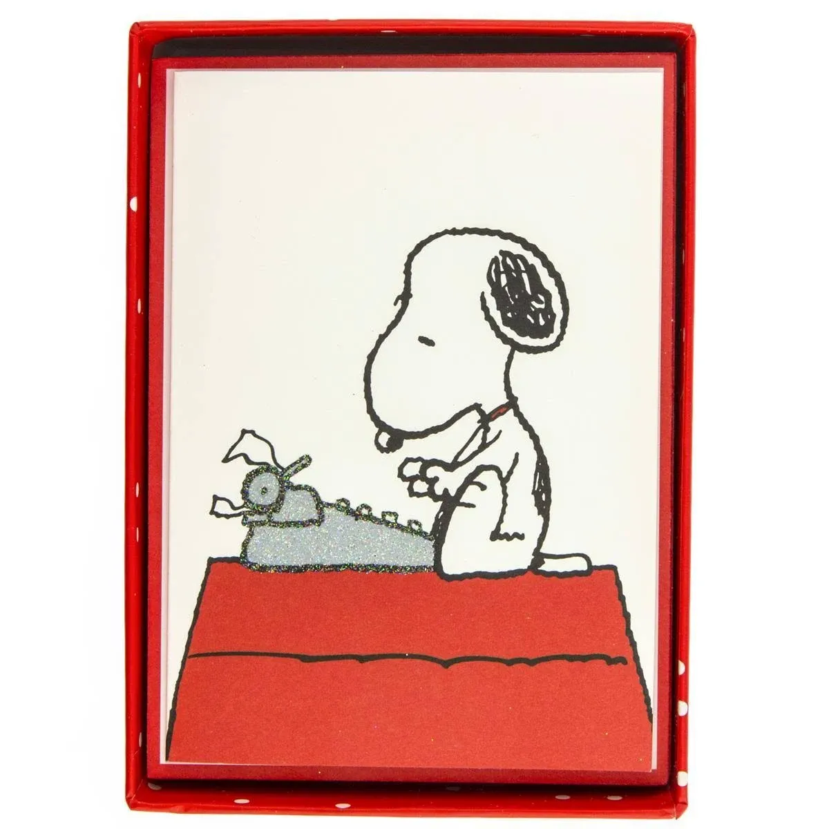 Graphique Peanuts Typewriter Boxed Notecards, 16 Snoopy at Typewriter Cards Embellished with Glitter, with Matching Envelopes and Storage Box, 3.25" x 4.75"