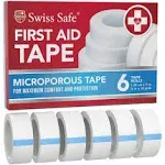 Swiss Safe First Aid Tape, Medical Microporous Surgical Tape, 5/8in Width x 10 Yards Length, Self Adhesive Paper Tape Bandage Rolls (6-pack)