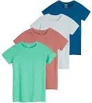 Real Essentials 4 Pack: Girls Short Sleeve Dry-Fit Crew Neck Active Athletic Performance T-Shirt