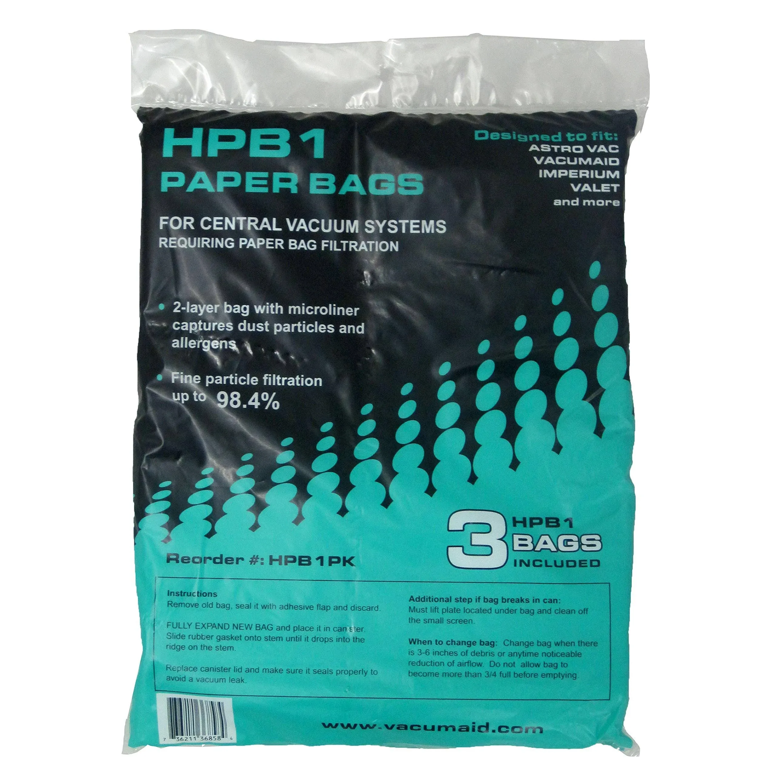 HPB1 Sealed Paper Bag (Qty. 3 bags) for AstroVac & Valet Central Vacuums