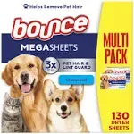 Bounce Pet Hair and Lint Guard Mega Dryer Sheets, 3X Pet Hair Fighters, Unscented, 130 Count